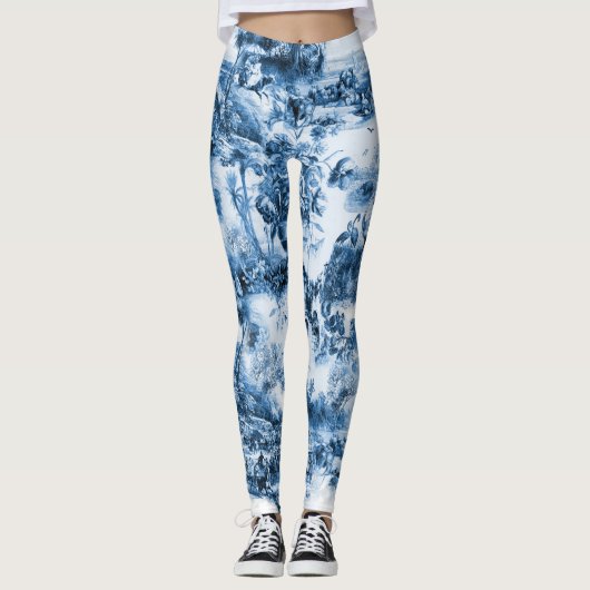 Portugese blauwe tegels romantisch scènepatroon leggings (Voorkant)