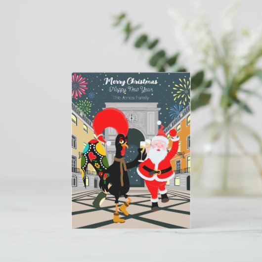 Portugese haan en kerstman toast op het nieuwe jaa briefkaart (Staand voorkant)