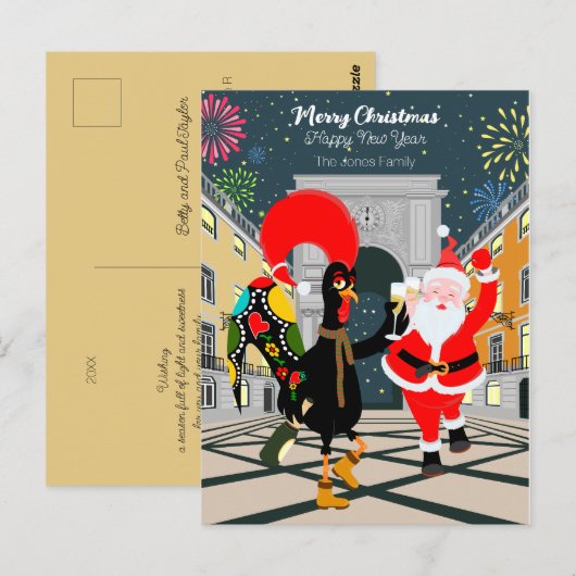 Portugese haan en kerstman toast op het nieuwe jaa briefkaart (Voorkant / Achterkant)