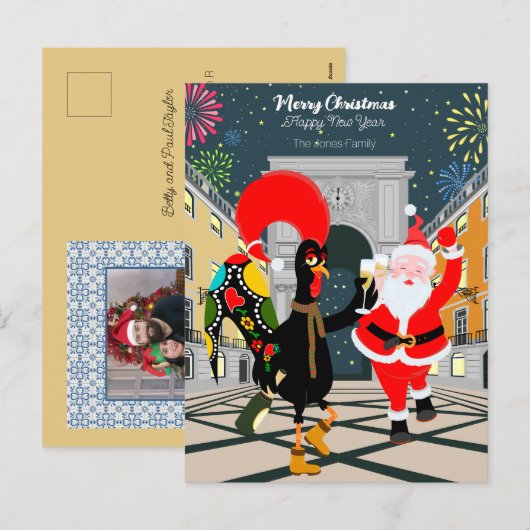 Portugese haan en kerstman toast op het nieuwe jaa feestdagenkaart (Voorkant / Achterkant)