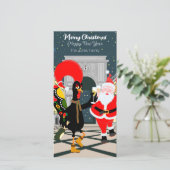 Portugese haan en kerstman toast op het nieuwe jaa feestdagenkaart (Staand voorkant)