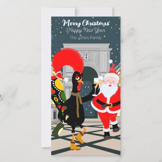 Portugese haan en kerstman toast op het nieuwe jaa feestdagenkaart (Voorkant)