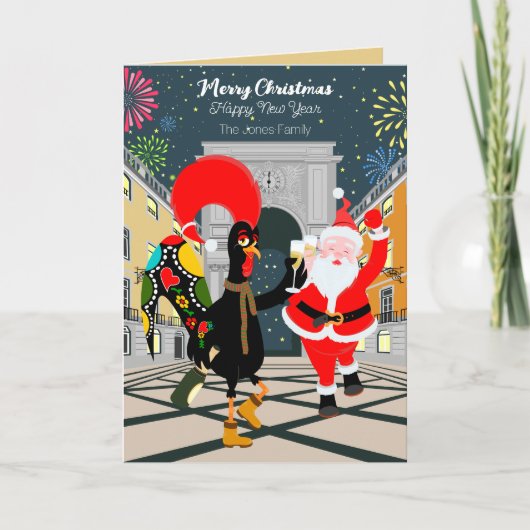 Portugese haan en kerstman toast op het nieuwe jaa kaart (Voorkant)