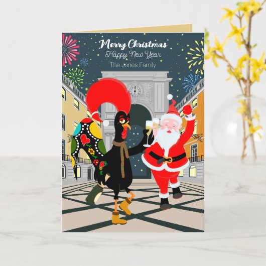 Portugese haan en kerstman toast op het nieuwe jaa kaart (Gele Bloem)