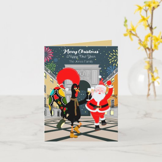 Portugese haan en kerstman toast op het nieuwe jaa kaart (Gele Bloem)