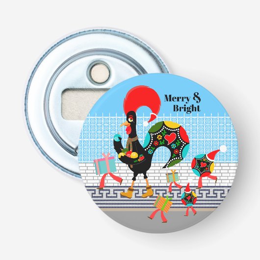 Portugese haan feestelijke kerstparade button flesopener (Voorkant)