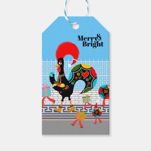 Portugese haan feestelijke kerstparade cadeaulabel (Voorkant)