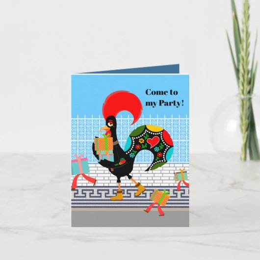 Portugese Haan met geschenken 1e Verjaardagsfeest (Voorkant)