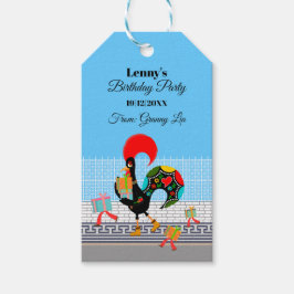 Portugese Haan met geschenken 1e Verjaardagsfeest Cadeaulabel