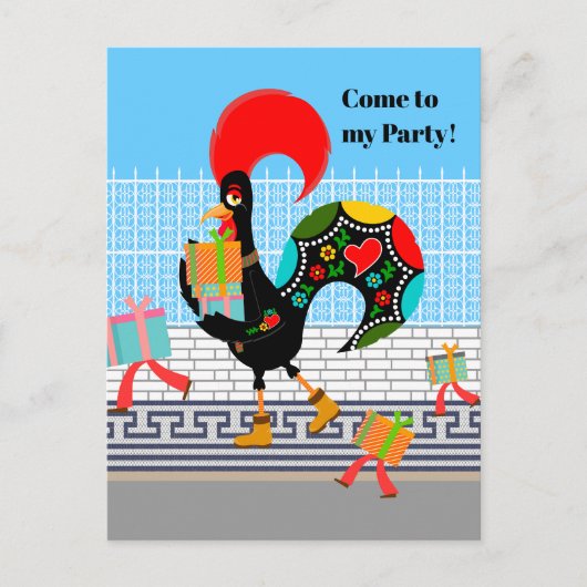 Portugese Haan met geschenken 1e Verjaardagsfeest Uitnodiging Briefkaart (Voorkant)