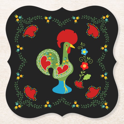 Portugese haan van geluk in groene kleur kartonnen onderzetters (Voorkant)