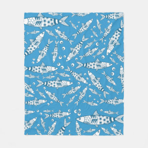 Portugese Lissabon Sardines Patroon Azulejos Blauw Fleece Deken