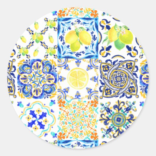 Portugese Majolica Azulejo Mediterraneuze Citroen  Ronde Sticker (Voorkant)