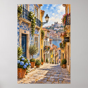 Portugese Oude Stad Straat en Rivier Uitzicht Muur Poster