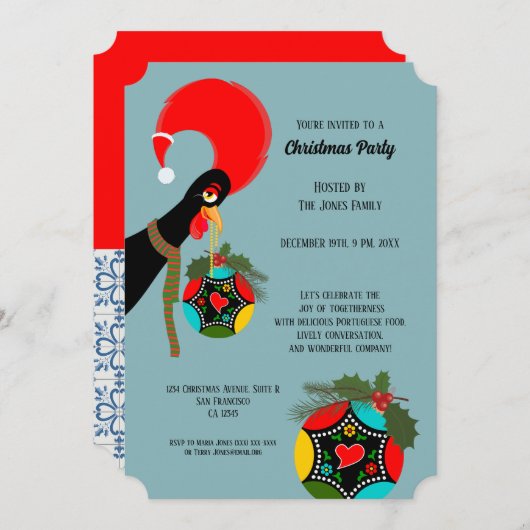Portugese Rooster holly Kerstmis Bauble Party Kaart (Voorkant / Achterkant)