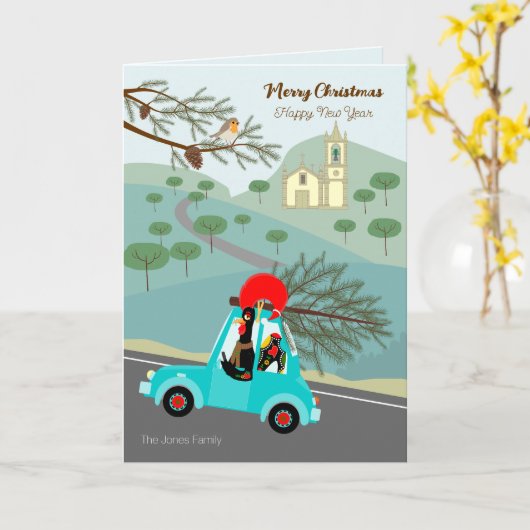 Portugese Rooster Kerstmis feestelijke rit Kaart (Gele Bloem)