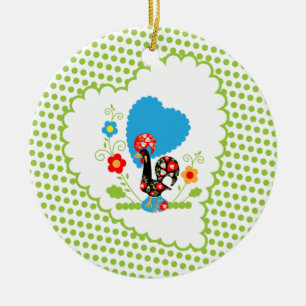 Portugese Rooster met lichtgroene polka-stippen. Keramisch Ornament