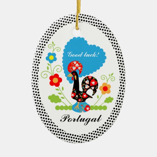 Portugese rooster met zwarte haarstaartstippen keramisch ornament (Voorkant)