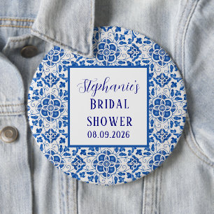 Portugese Tegel Blauw Mediterrane Bruiloft Ronde Button 6,0 Cm