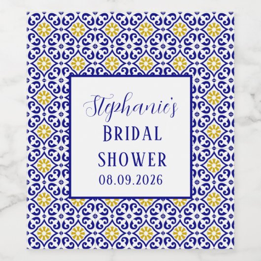 Portugese Tegel Blauwe Mediterrane Bruidsbruiloft Wijn Etiket (Enkel label)