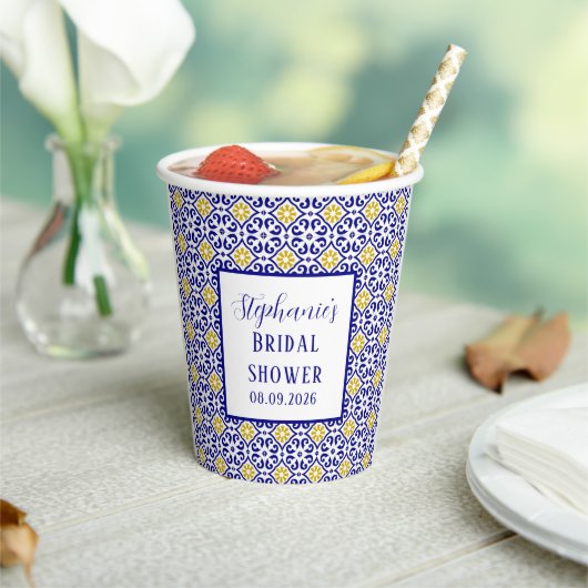 Portugese Tegel Blauwe Mediterrane Bruidsdouche Papieren Bekers (Insitu)