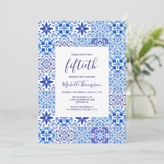 Portugese Tegel Blue White 50th Birthday Kaart (Staand voorkant)