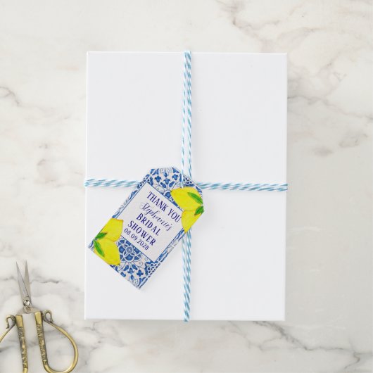 Portugese Tegel Lemon Mediterrane Bruidsfeest Cadeaulabel (Met Touw)