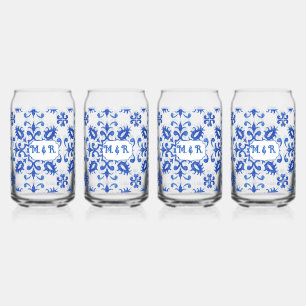 Portugese tegel met blauwe monogram blikvorm glas