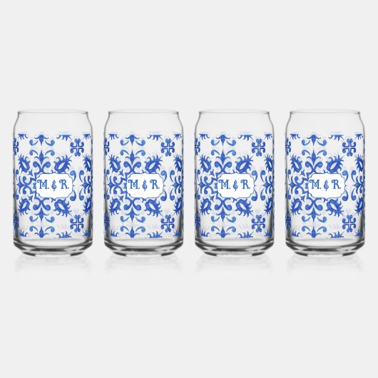 Portugese tegel met blauwe monogram  blikvorm glas (Voorkant)