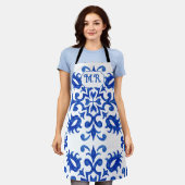 Portugese tegel met blauwe monogram schort (Gedragen)