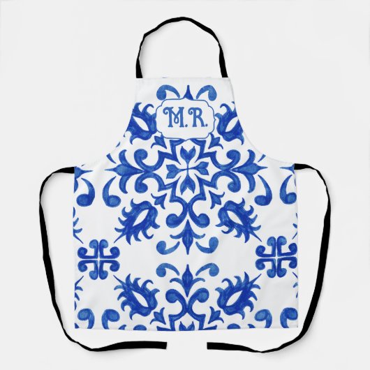 Portugese tegel met blauwe monogram schort (Voorkant)