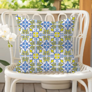 Portugese Tegelpatroon Geel Wit Blauw Buitenkussen