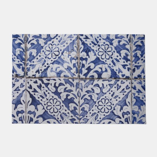 Portugese tegels - Azulejo Blue en White Floral Deurmat (Voorkant)