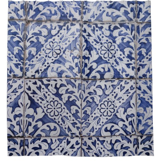 Portugese tegels - Azulejo Blue en White Floral Douchegordijn (Voorkant)