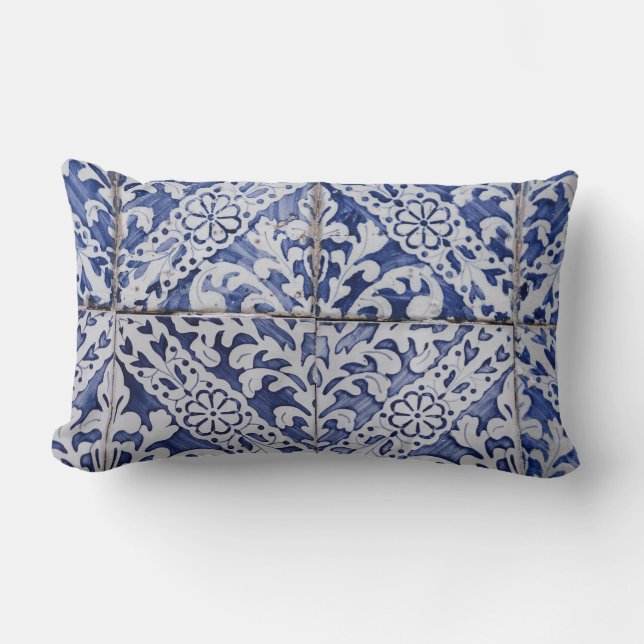 Portugese tegels - Azulejo Blue en White Floral Kussen (Voorkant)