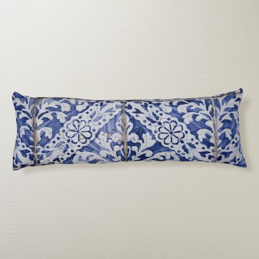 Portugese tegels - Azulejo Blue en White Floral Lichaamskussen (Achterkant)