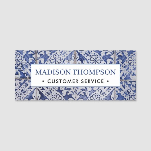 Portugese tegels - Azulejo Blue en White Floral Naamplaatje (Voorkant)