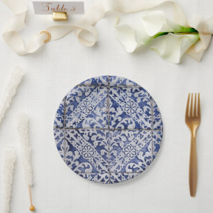 Portugese tegels - Azulejo Blue en White Floral Papieren Bordje