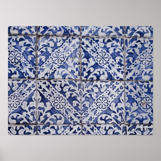 Portugese tegels - Azulejo Blue en White Floral Poster (Voorkant)