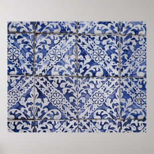 Portugese tegels - Azulejo Blue en White Floral Poster