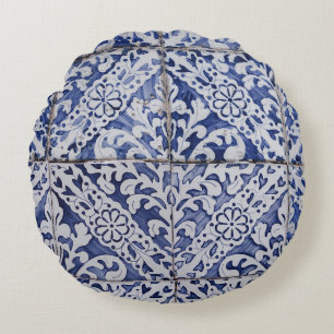 Portugese tegels - Azulejo Blue en White Floral Rond Kussen