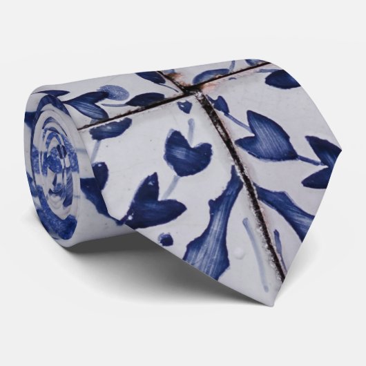 Portugese tegels - Azulejo Blue en White Floral Stropdas (Opgerold)