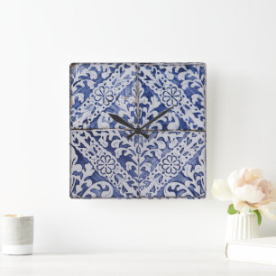 Portugese tegels - Azulejo Blue en White Floral Vierkante Klok