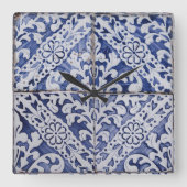 Portugese tegels - Azulejo Blue en White Floral Vierkante Klok (Voorkant)