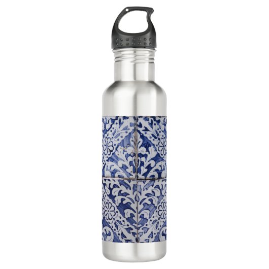 Portugese tegels - Azulejo Blue en White Floral Waterfles (Voorkant)