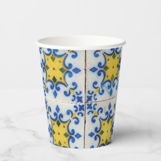 Portugese tegels - Azulejo Blue en Yellow Pattern Papieren Bekers (Achterkant)