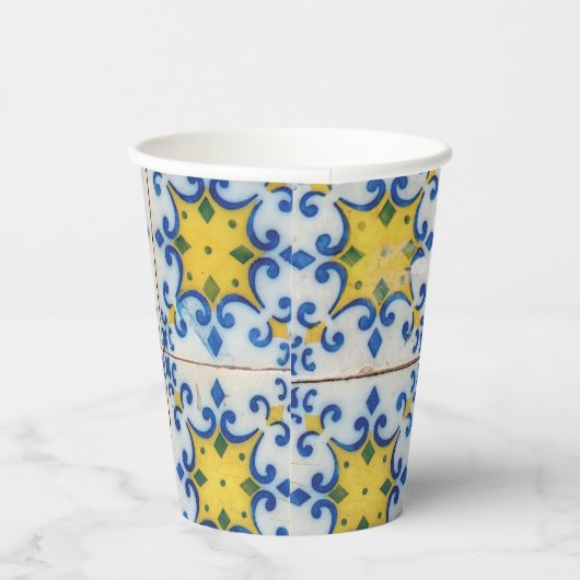 Portugese tegels - Azulejo Blue en Yellow Pattern Papieren Bekers (Rechts)