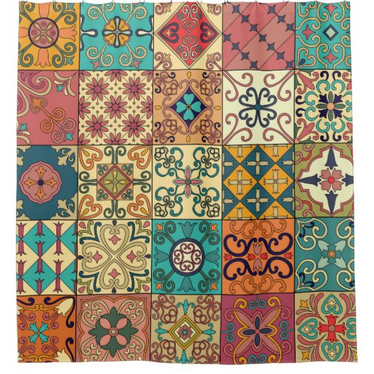 Portugese tegels: Azulejo stijl naadloos patroon. Douchegordijn (Voorkant)