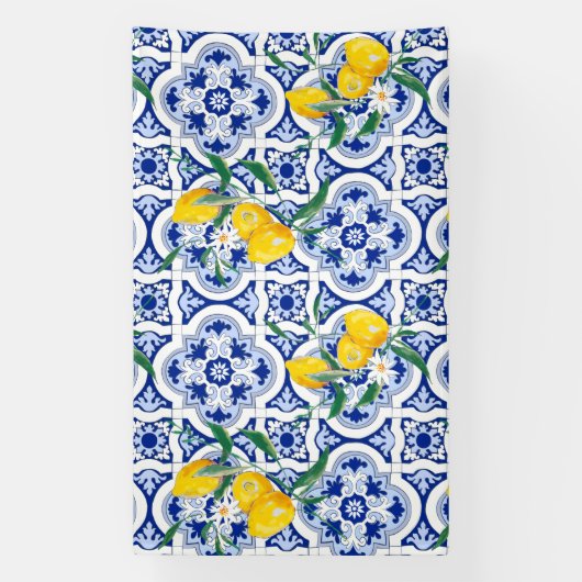 Portugese tegels, citroenen, vruchten, zomerkunst spandoek (Verticaal)