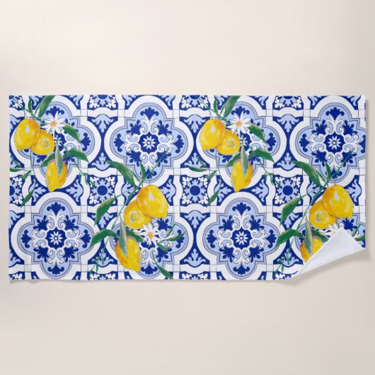 Portugese tegels, citroenen, vruchten, zomerkunst strandlaken (Voorkant)